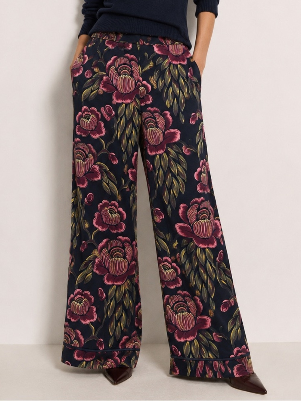 Ann Taylor Navy Mauve Plum Floral Wide Leg Trousers Size 2 NWOT